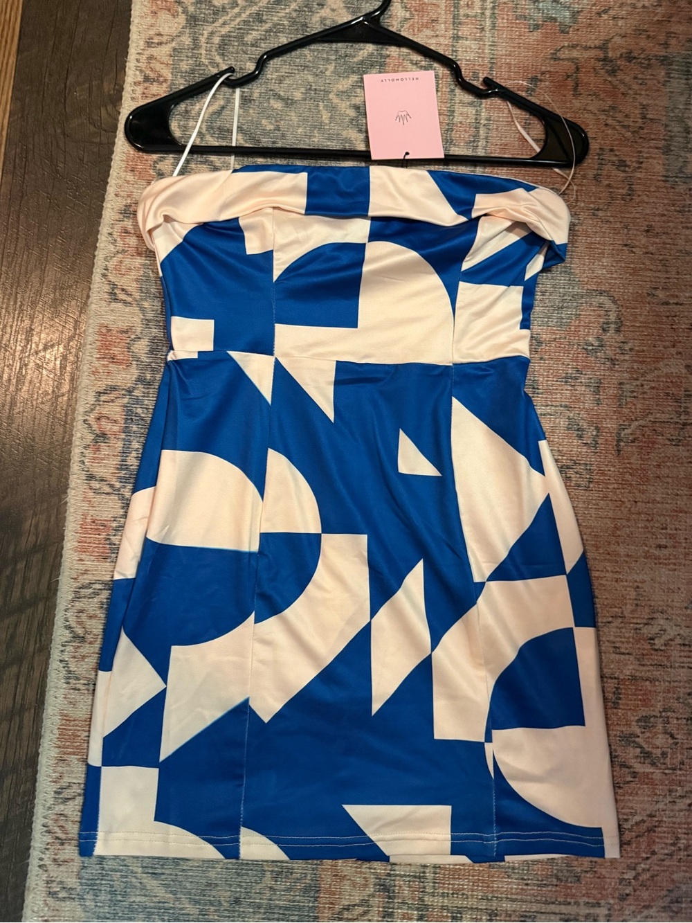 Hello Molly Blue & Cream Strapless Geometric Sheath Dress